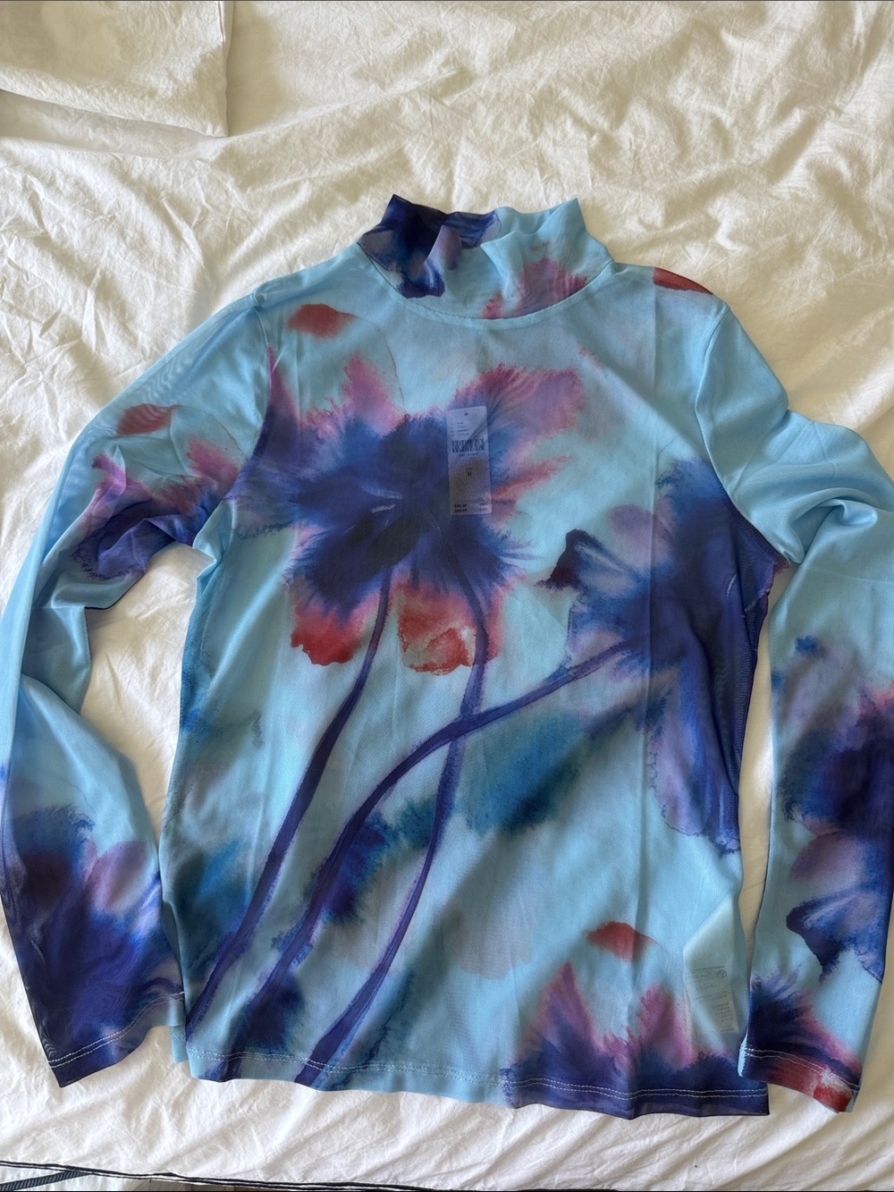 Anthropologie Light Blue Floral-Print Mock Neck Long Sleeve Top